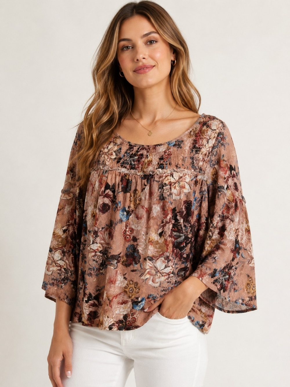 Akemi + Kin - Floral Smocked Yoke Blouse